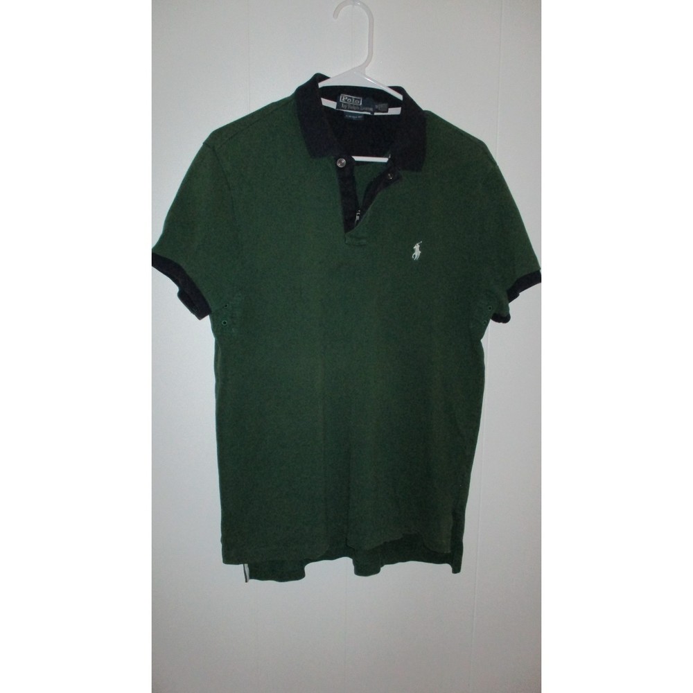 Green Navy Mens Polo by Ralph Lauren Zip Up Snap Closure Short Sleeve Polo